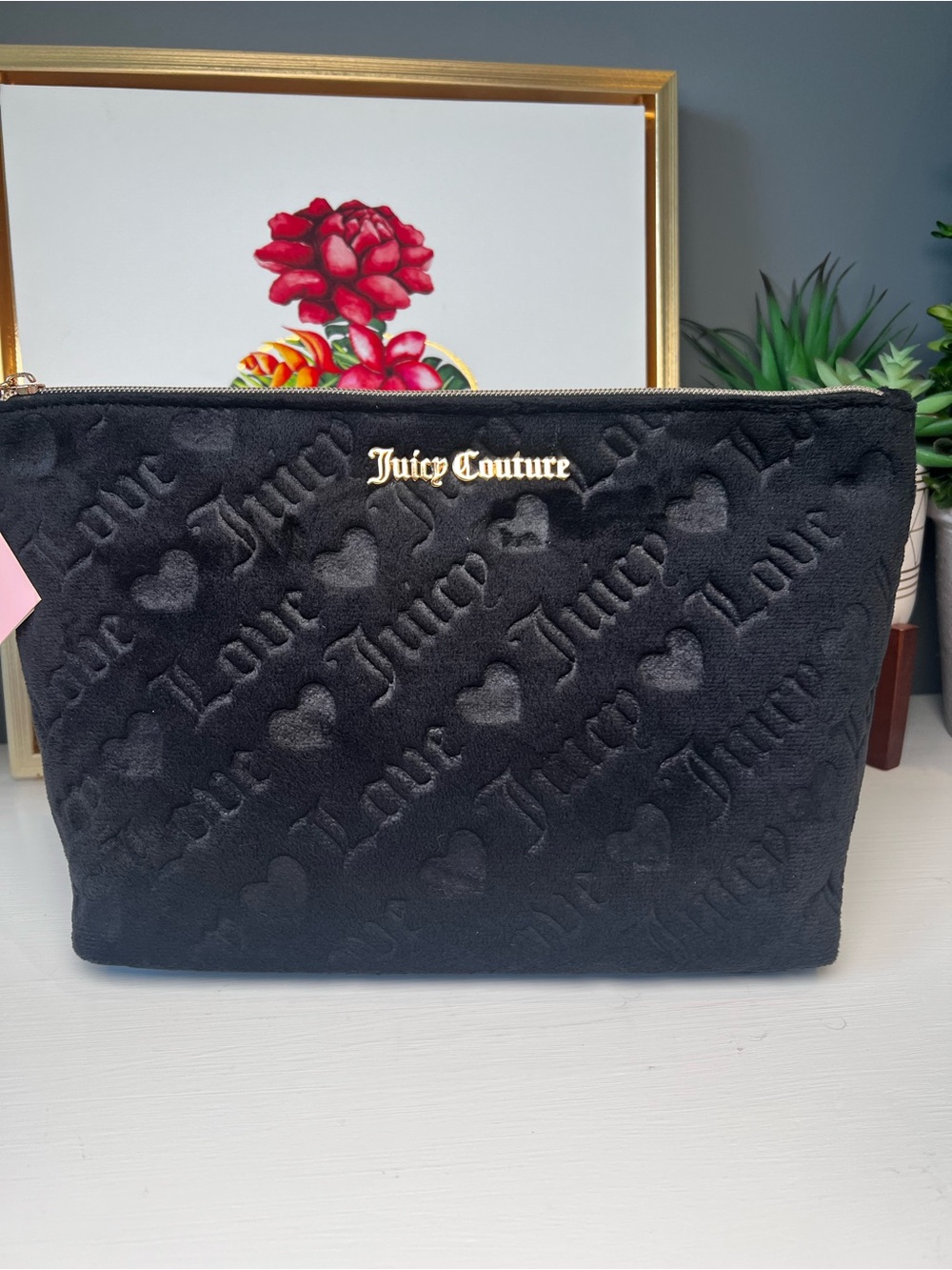 Juicy Couture Black Velour Makeup Bag Cosmetic Pouch Travel Case Hearts